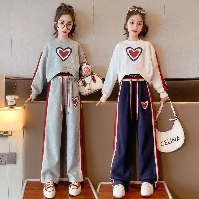 Fashion 2023 Girls Clothes Sets Autumn Kids Long Sleeve Sweatshirt + Wide Leg Pants Children Clothing Suits 6 8 10 12 14 Year