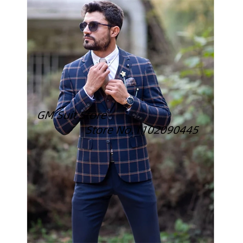 2022 New Fashion Men Plaid Dress Suit Slim Fit 3-Piece Blazer Formal Business Jacket Vest Pants Costume Homme