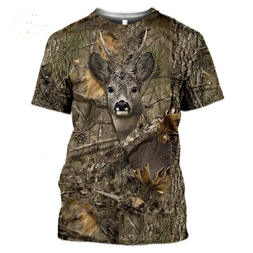 Male and Female Camouflage Hunting Animal 3D T-shirt with Deer Wild Boar Wolf Pattern Short Sleeved Shirt, Urban Fashion Clothes