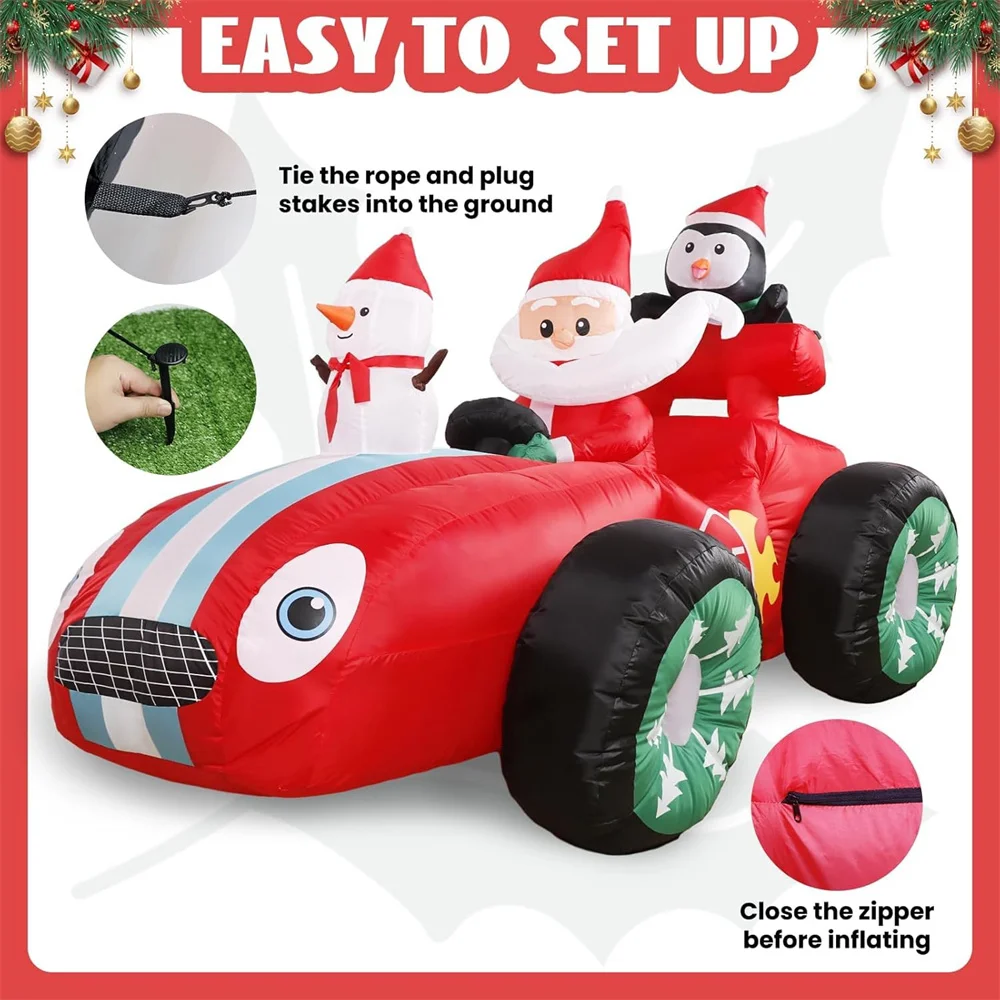 8FT Christmas Santa Monster Truck Snowman Inflatables Decoration, Build-in LED Lights, for Garden Patio Lawn Party Xmas Prop