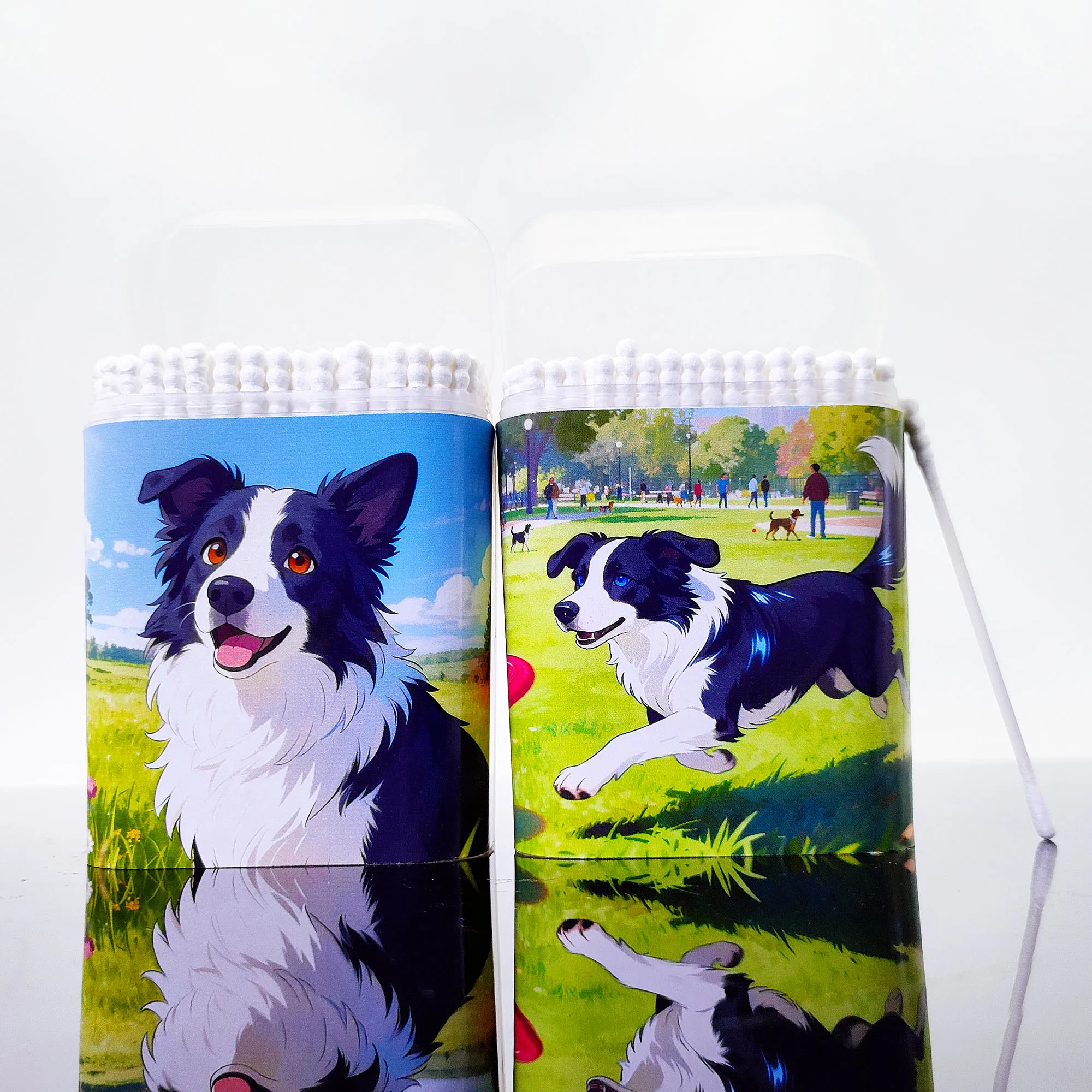 400 pezzi di lumache a doppia testa a tema animali, bastoncini di cotone rotondi e sottili, bastoncini di cotone a tema per cani da compagnia con bordo collie.