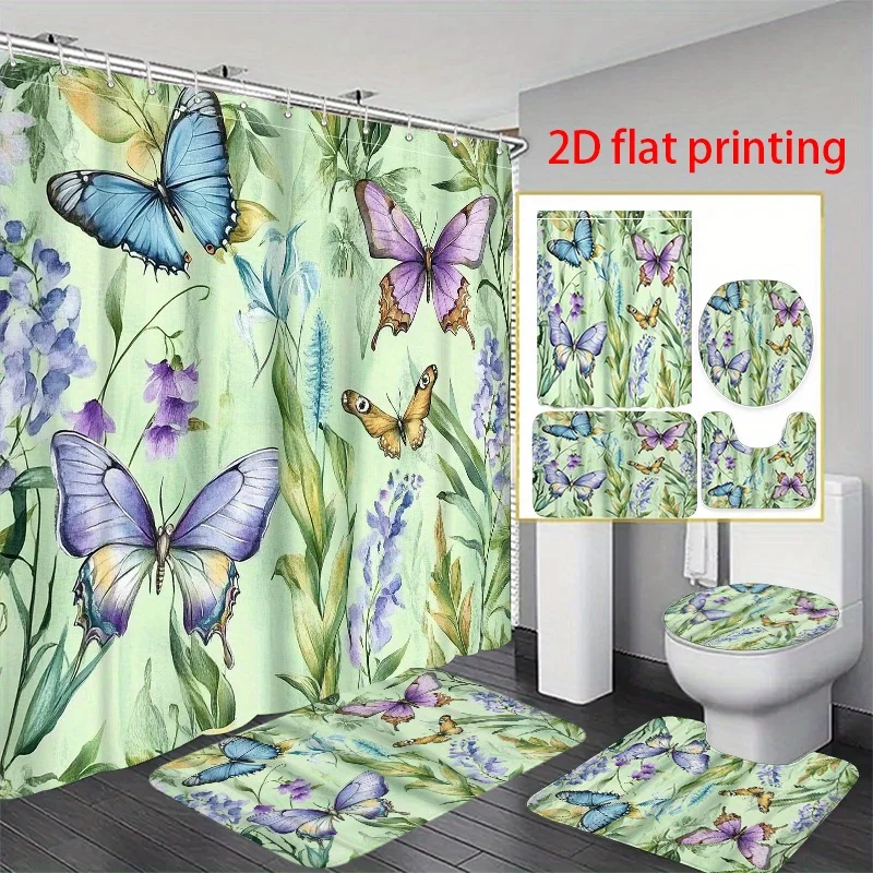 

4pcs 2D Flat Printing Shower Curtain Bathroom Set Butterflies And Flowers on a Green Background. for in Valentine'S Day Gift