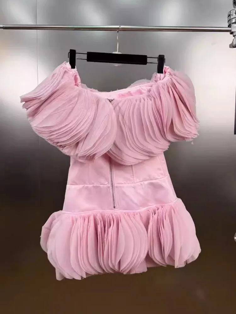 Vestido Mini Rosa com Camadas e Renda Sem Alças para Mulheres, Moda Feminina Tendência 2026