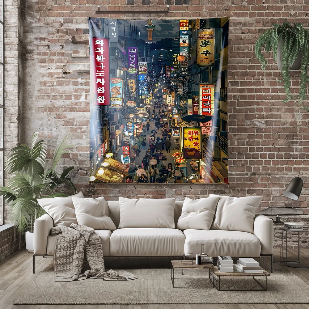 Vibrant Korean Night Street with Neon Signs and Crowds Urban Cityscape Wall Tapestry Machine Washable All Season Decor PrintHome
