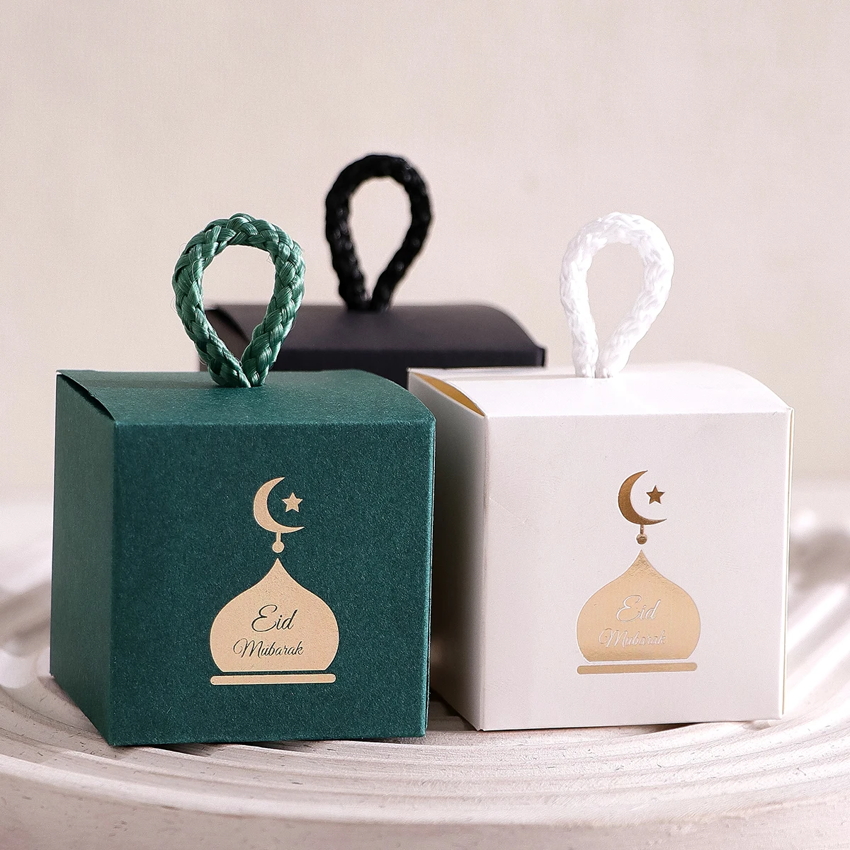 Set of 5 Elegant Mini Eid Al-Adha Gift Boxes with Gold Design and Twist Handles Perfect for Storing Candies, Chocolates and Sma