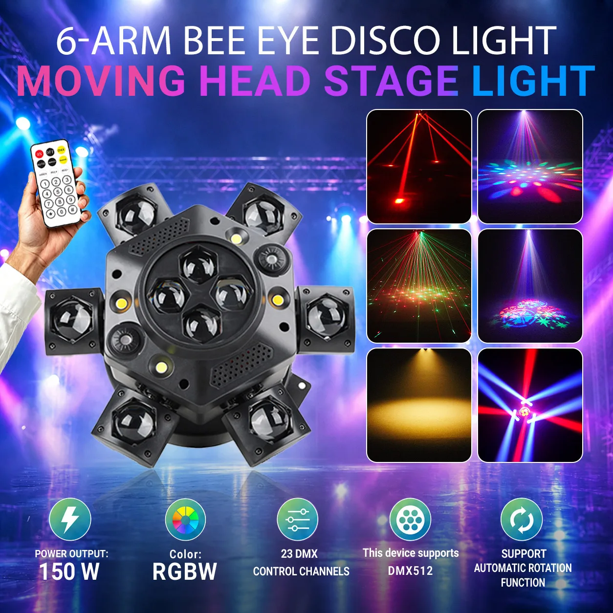 150W 6-Arm DJ Lights Remote Control Moving Head Stage Light DMX512 Sound Disco Party Mini Beam For Club Home Events Xmas Bar