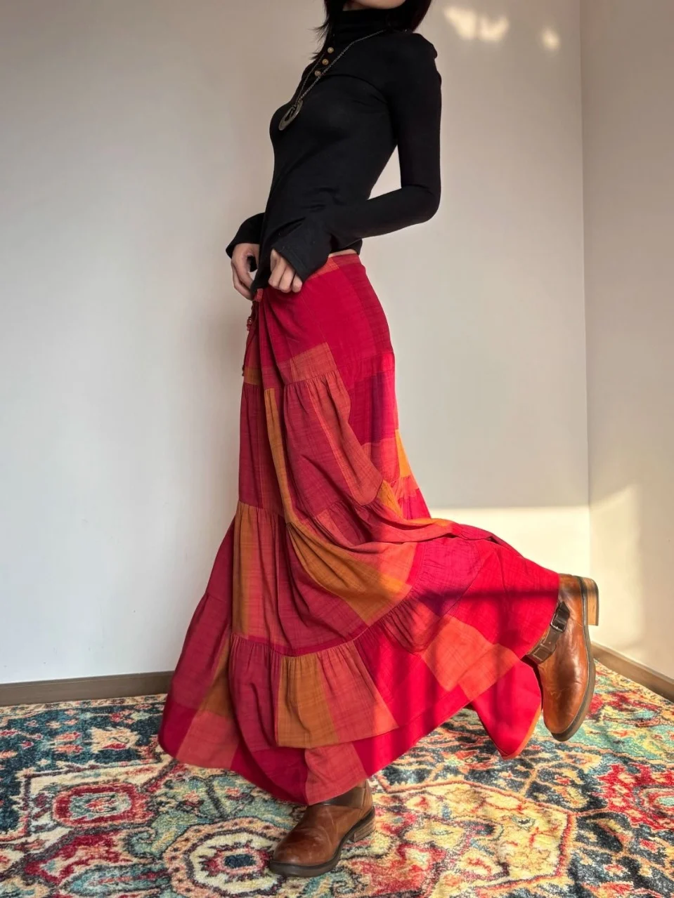 Women's Boho Maxi Skirt Red Tiered Ruffle High Waist Drawstring Flowy Long Skirt Summer Casual Ethnic Festival Beach Skirt