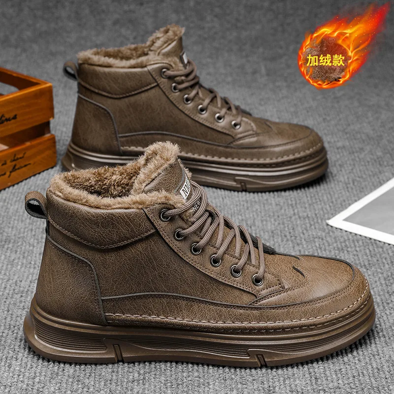 Winter velvet men's boots high cut workwear shoes  men's thick warm short boots casual leather shoes