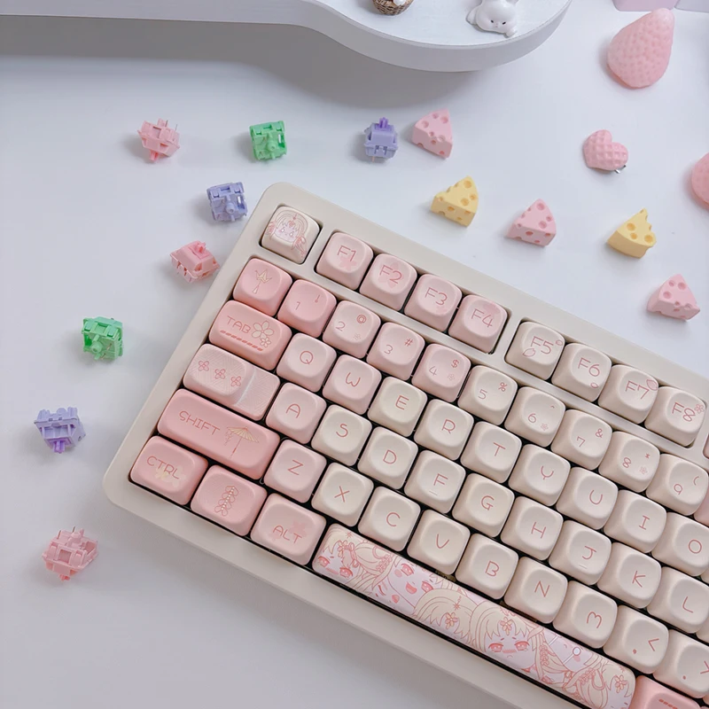 Pink Girl Theme Keycaps PBT Five-sided Sublimation Keycaps MOA Profile Customized Keycaps for 98/99/108 Mechanical Keyboard Gift