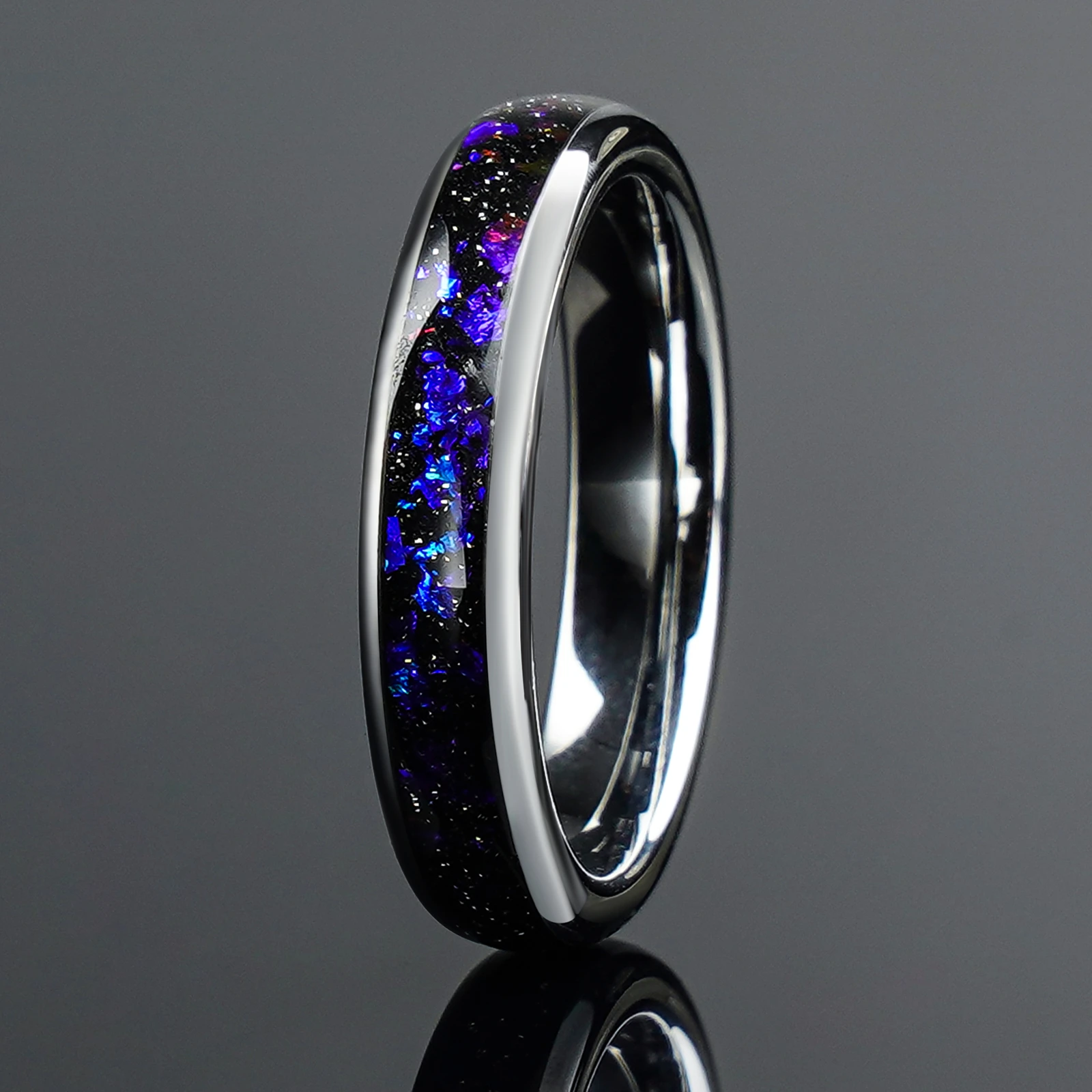 4/8mm Colorful Nebula Outer Space Silver Tungsten Wedding Engagement Ring, Anniversary Birthday Gift For Him And Her