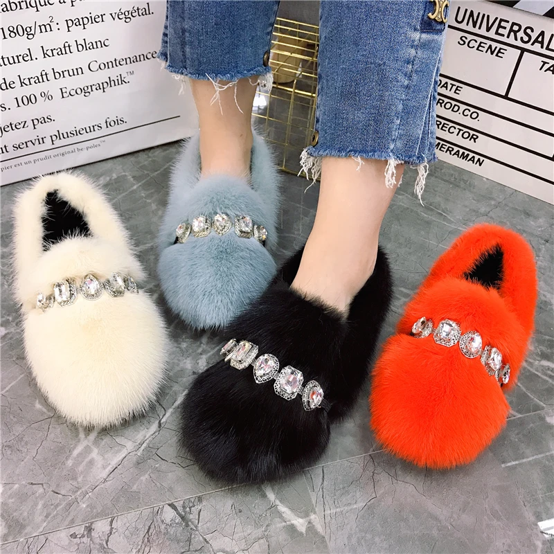 Yellow Women Flats Comfortable Moccasins Ladies Winter Warm Fur Loafers Crystal Decor Mink Fur Espadrilles Smoking Driving Shoes