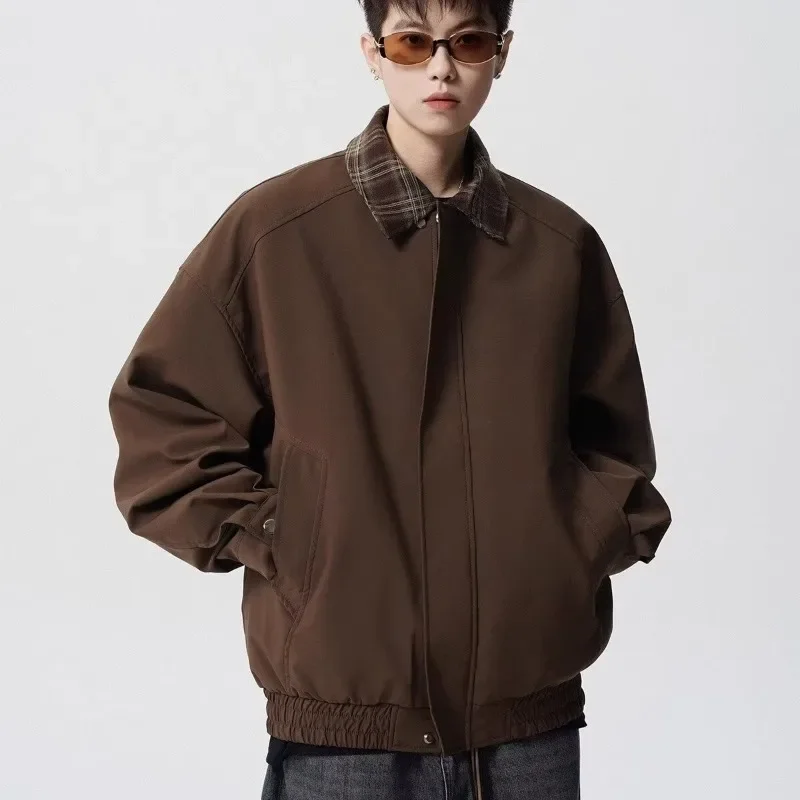 

American Loose Retro High-end Lapel Jacket for Men's Autumn Winter New Casual Patchwork Fake Two-piece Coat Brown Flight Jacket