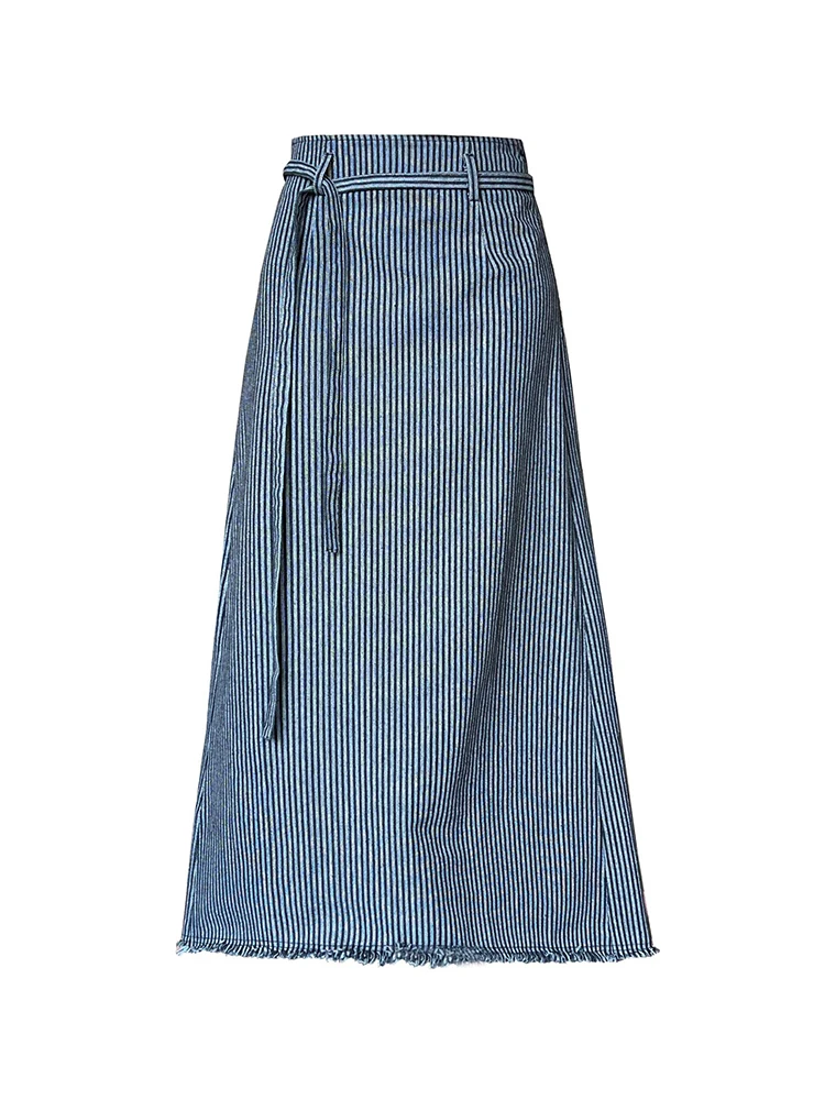 [LANMREM] Vintage Striped Skirts For Women Lace-up Gathered Waist Mid-length Office Lady Fashion Skirt 2024 Autumn New 26C322