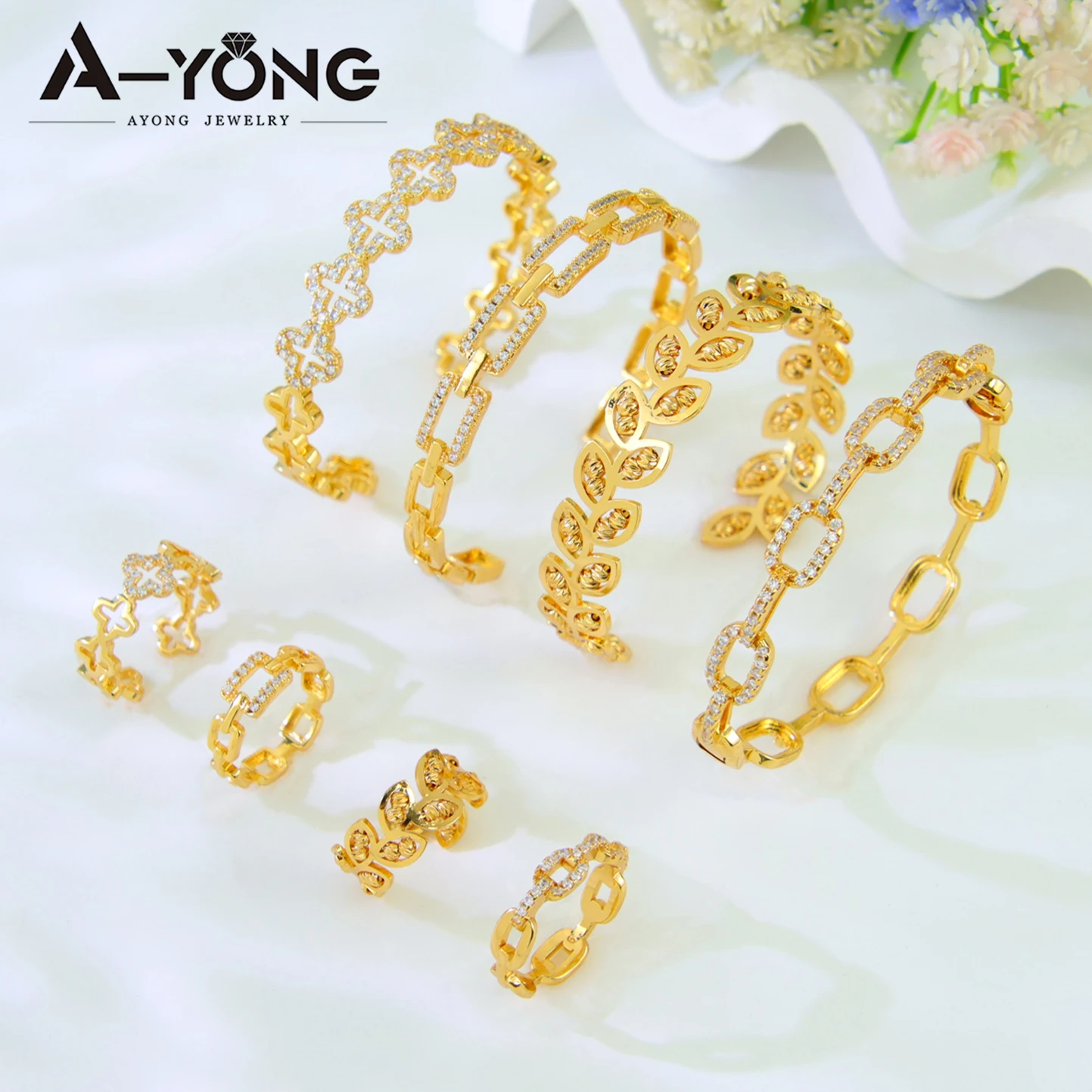 

Italian Elegant Jewelry Set 21k Gold Plated Dubai Zirconia Open Bangles Ring Brazilian Women Classic Vintage Party Jewelrys