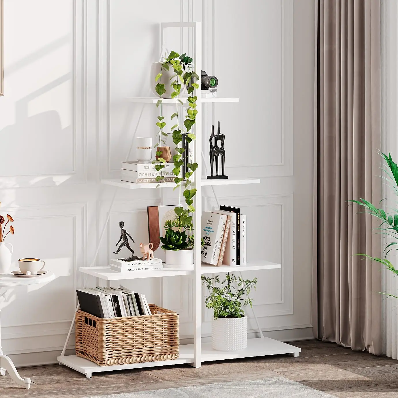

4 Tier Bookshelf,Modern Boat Shaped Design, Narrow Wooden Bookcase for Living Room/Bedroom, Space-Saving Storage Shelf Organizer