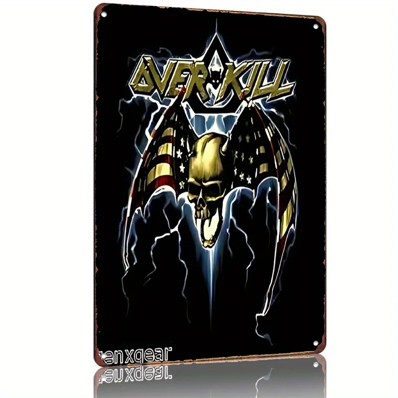 Overkill Band Artwork Metall-Blechschild - Heavy-Music-Dekoration mit Totenkopf, Fledermausflügeln & Bolzen, Vintage-Wandkunst für Männerhöhle, G