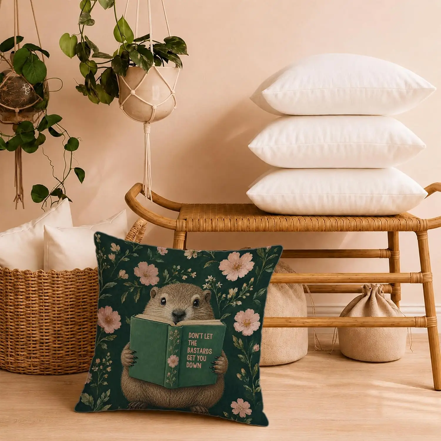 Cottagecore Badger Book Pillowcase Square Throw Cushion Cover Whimsical Literary Nature Aesthetic Print for Bedroom Decor