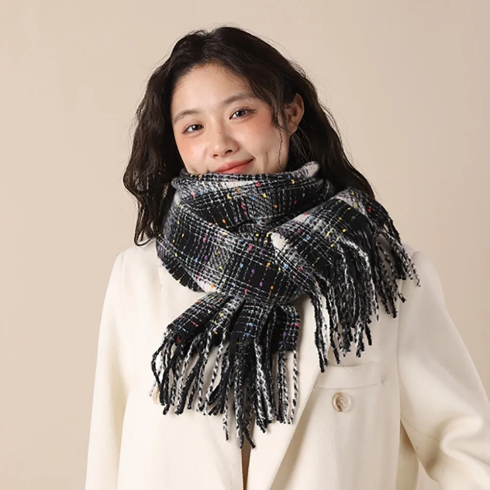 

Модный зимний теплый клетчатый шарф, толстые ветрозащитные длинные шарфы с кисточками, красочные мягкие женские шаль в горошек и накидка