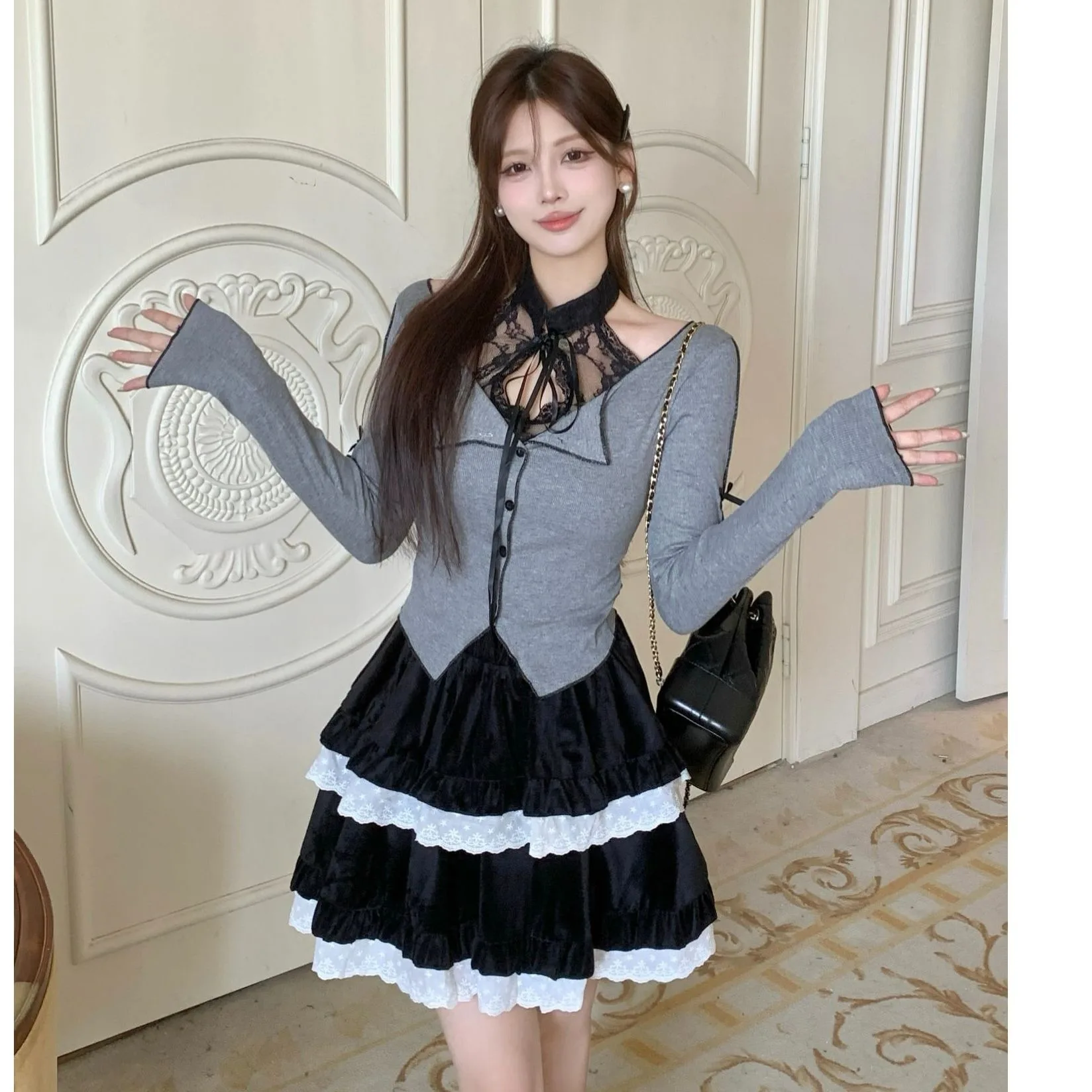 Women Black Layered Ruffle Mini Skirt White Lace Trim High Waist A‑Line Short Cake Skirt Sweet Lolita Ladies Skirts