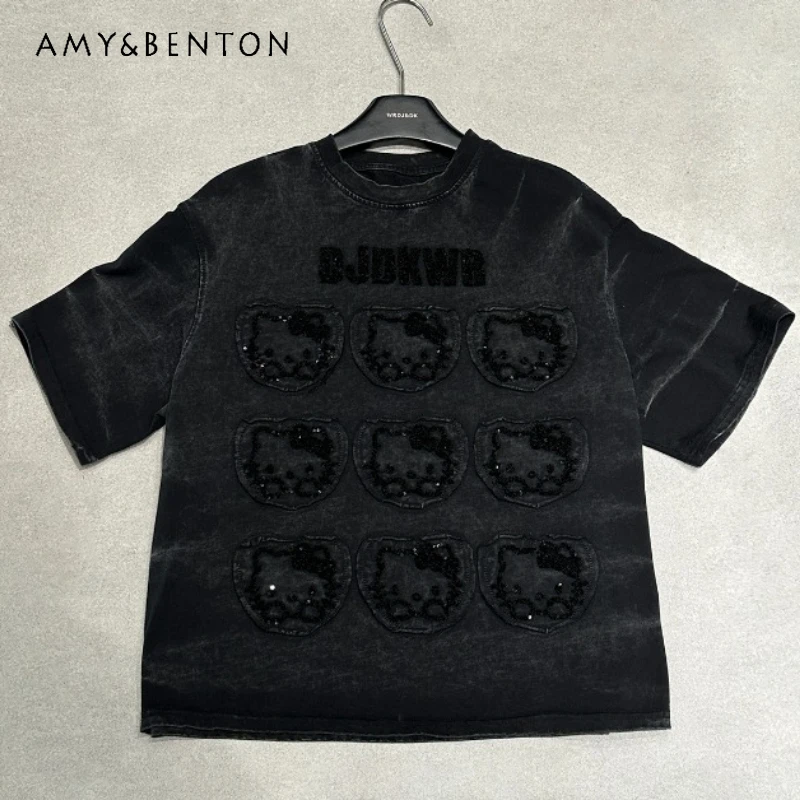 

Summer Heavy Industry Cartoon Sequin Patch Short Sleeves T-shirt Women's Loose Casual Versatile Sweet Half Sleeved Top Pullovers