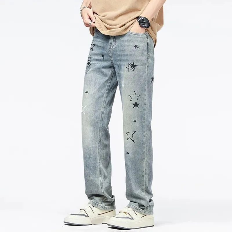 

New Spring/Autumn Trendy Printed Straight-Leg Stretch Denim Jeans Men's Casual Loose Sports High-Quality Denim Trousers