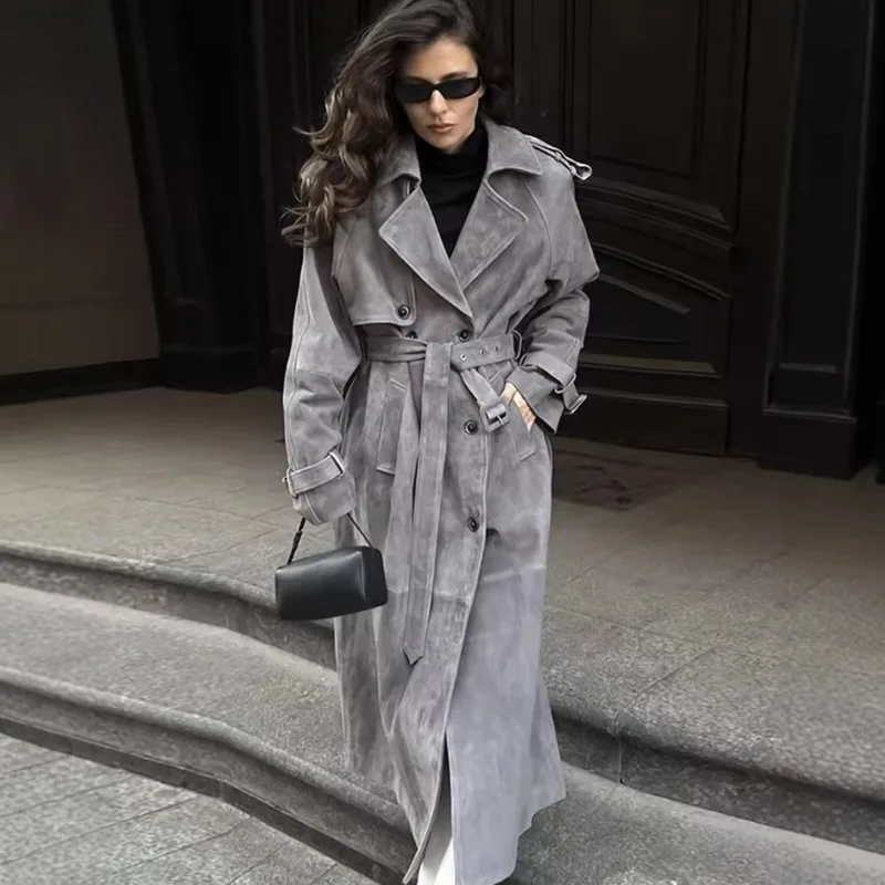 

Tuularose Vintage Suede Long Jackets Women Loose Lapel Double Breasted Belts Coats Female Autumn Fashion Solid Thick Outwears