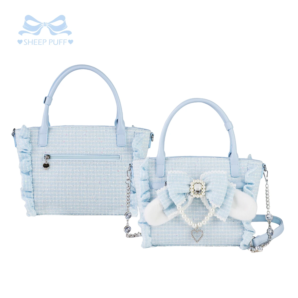 Japanese Original Lolita Handbag Rhinestone Removable Pearl Chain Heart-shaped Lace Edge Cosmetic Bag  Commuter Messenger Bag