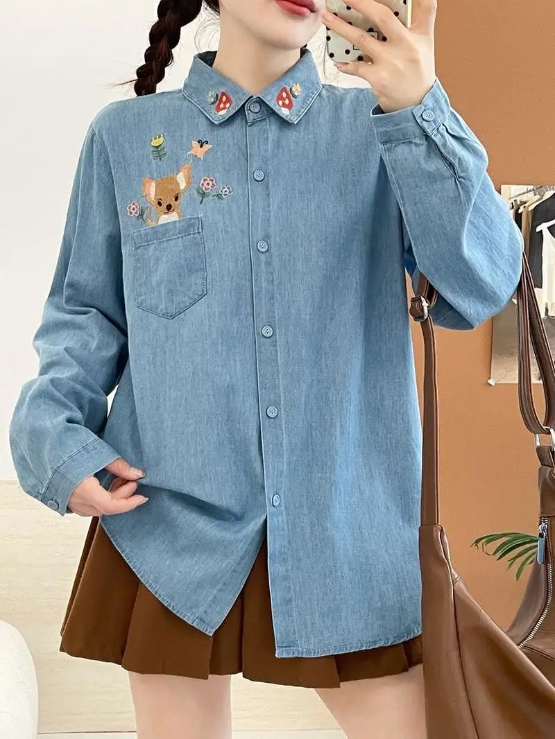 

[Готовый запас] Высококачественная женская джинсовая блузка, рубашка с карманами и вышивкой, джинсовые кардиганы с длинными рукавами и маленькими животными