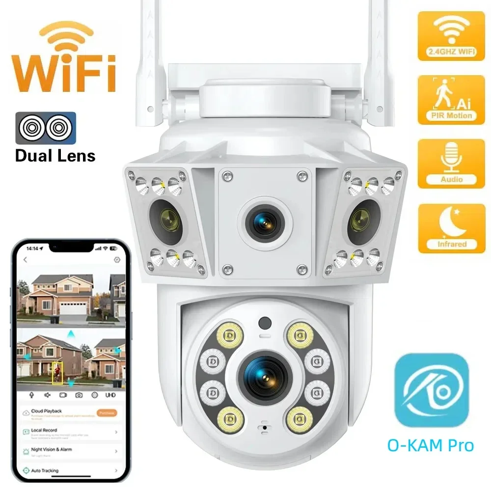 

Wi-Fi камера PTZ Открытый двойной экран Обнаружение человека Двойные линзы 10MP Защита безопасности IP-камера Аудио O-Kam Pro