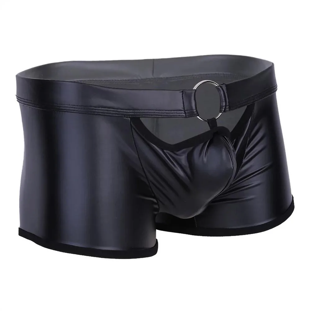 Open Front Hole Boxer Briefs O-ring Underwear Mens Sexy Temptation Matte Faux Leather Wet Look Boxershorts Man