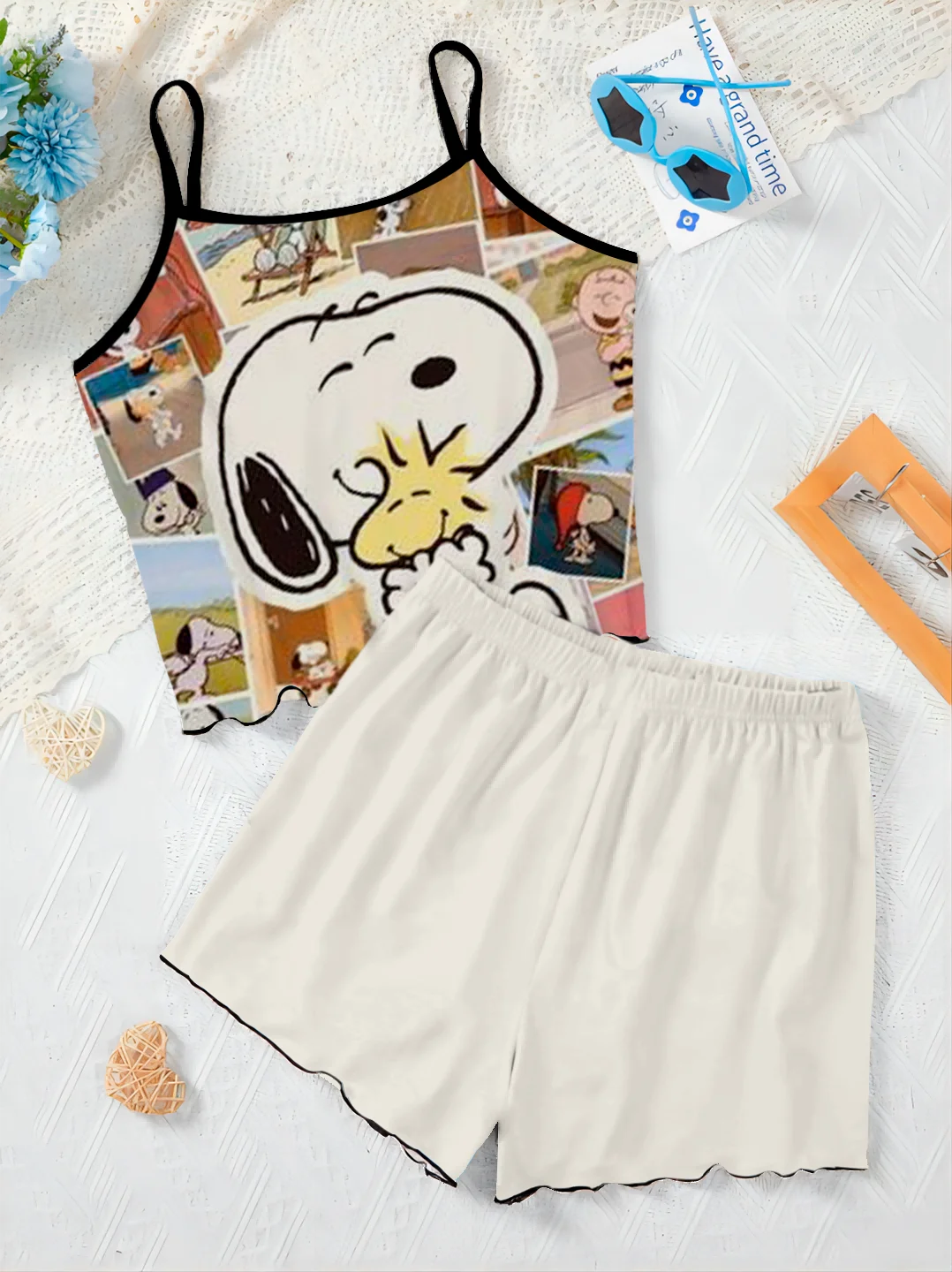 Slip Kleid Luxus elegante Frauen Sets Top Pyjama Rock T-Shirt Snoopy Salat Trim Stücke kurze Anzug Hosen Set Frau Chic Home