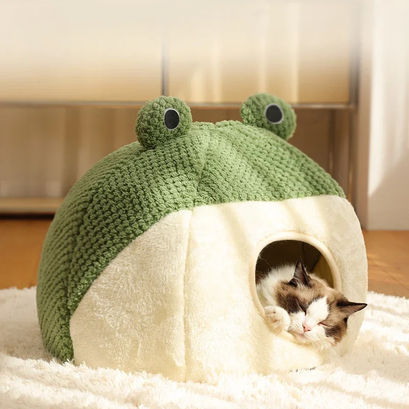 Soft Cat Beds Little Frog Series Semi Enclosed Cat Nest Autumn and Winter Warm Plush House Dog Nest Cat Accessories