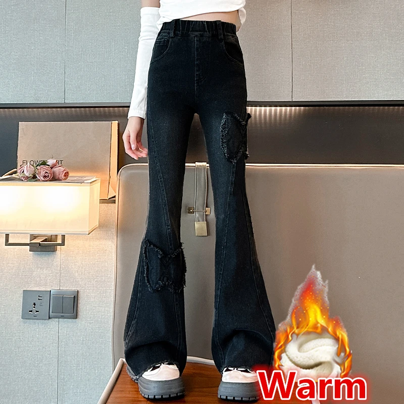 

Kids Children Butterfly Design Winter Flare Pants with Fleece Lined for Girls Black Color Boot Cut Insulated Jeans Trousers 5-14