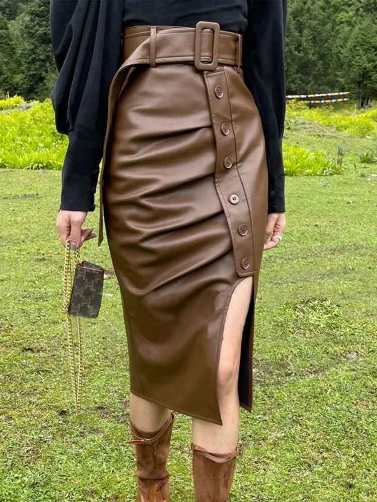 

2024 New Women's PU Leather Skirt Fashion Office Ladies Irregualer High Waist Slim Midi Length Women's Skirts Female