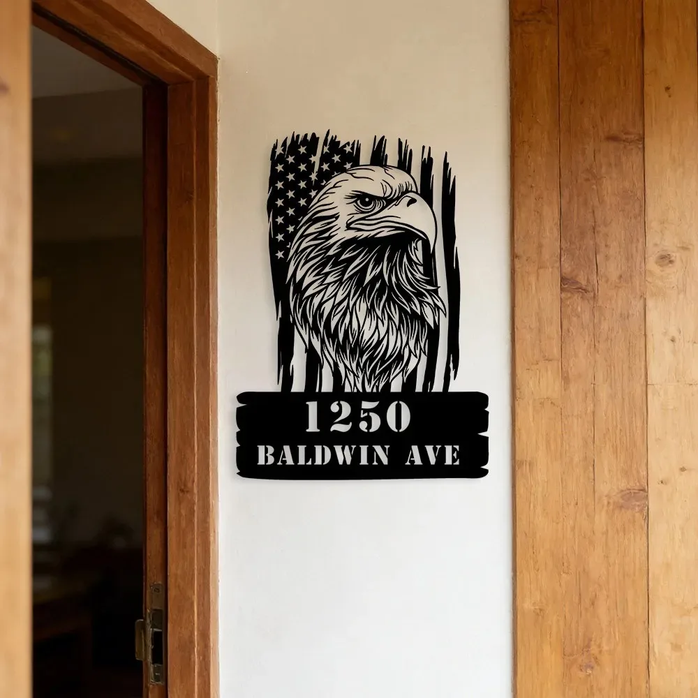 Customizable Eagle Flag Rustic Metal Address Plaque, Weatherproof Outdoor Entry Garage Wall Decor Gift for Dad & New Home Housew