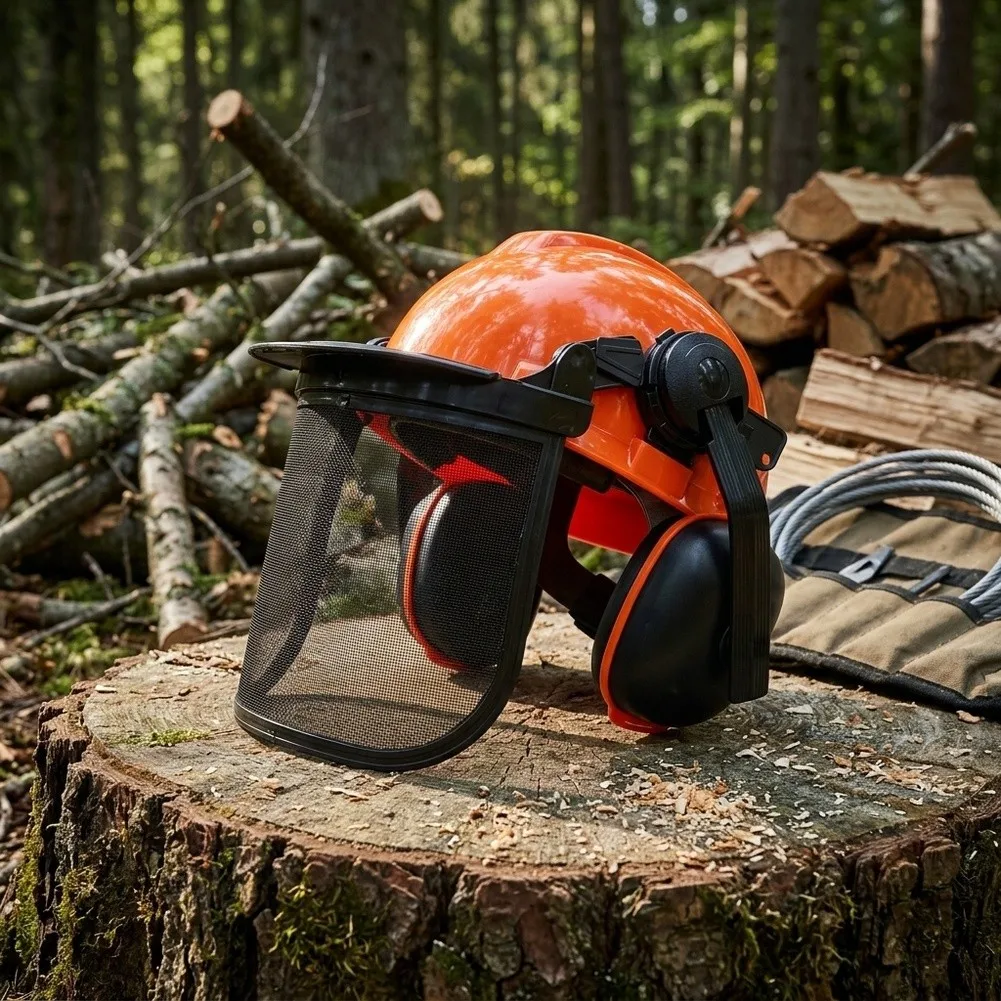 Forestry Safety Helmet With Earmuffs & Mesh Visor, Adjustable Chainsaw= Protective Headgear For Logging Work Ventilated Hard=Hat