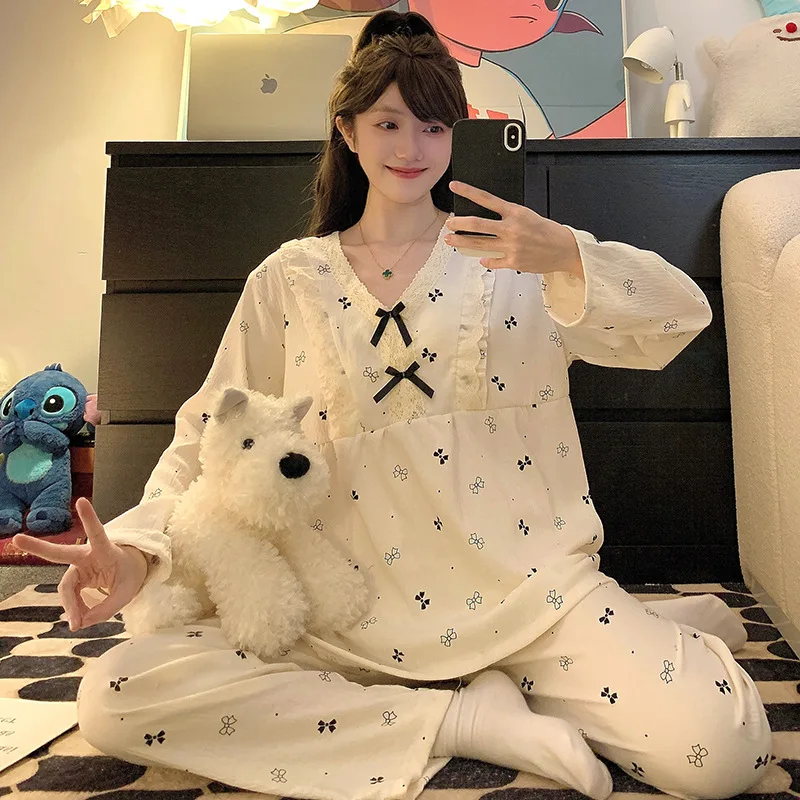 M-5XL Large Size Cloud Cotton Spring Autumn Pajamas Women's Korean Students Ins Plaid Sleepwear Long-sleeved Loose Loungewear 4
