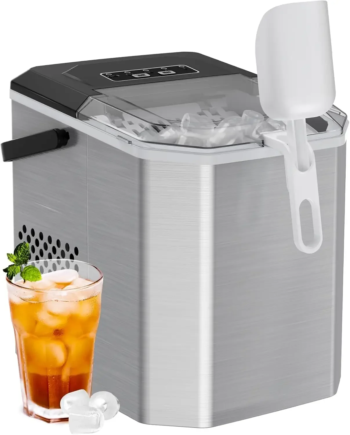 

Ice Maker Countertop, Stainless Steel Ice Machine with Carry Handle, Self-Cleaning Ice Makers with Basket and Scoop, 9 Cubes in