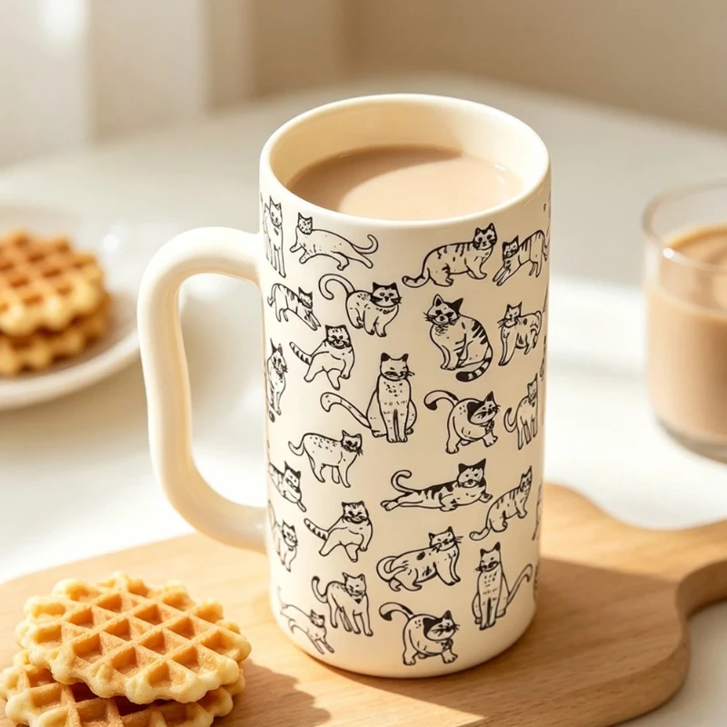 420ml Tall Ceramic Cat Pattern Coffee Mug for Tea Milk Water Large Capacity Cup Home Kitchen Drinkware Table Desk Office Use