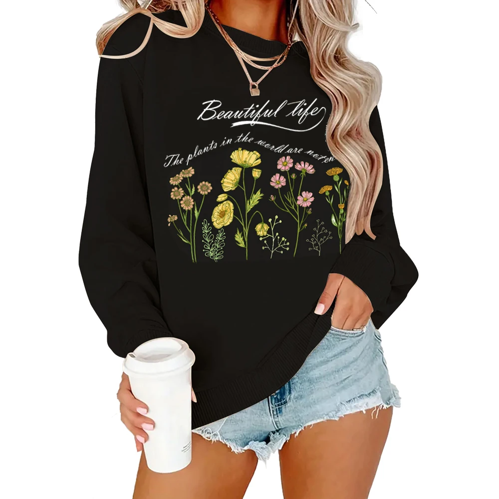 

Women's sweatshirt Kawaii Floral print hoodie Harajuku Vintage coat Young women's clothing Stylish crew-neck sweatshirt