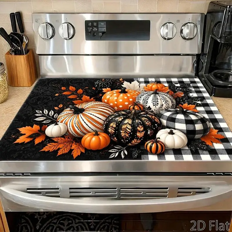 VIKAMA Halloween Pumpkin Stove Top Cover Mat Buffalo Plaid Spooky Electric Stove Burner Cover Non Slip Kitchen Decor Protector