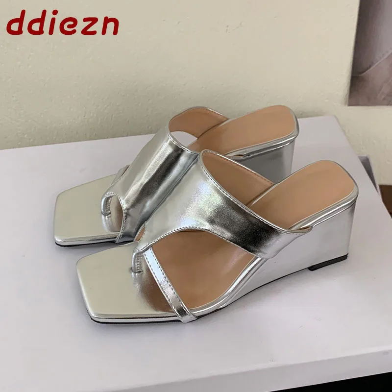 

Silver Summer New Women Slippers Fashion Open Toe Flip Flops High Heels Wedges Shoes Outdoor Pumps Sandals Slides Shoes For Lady