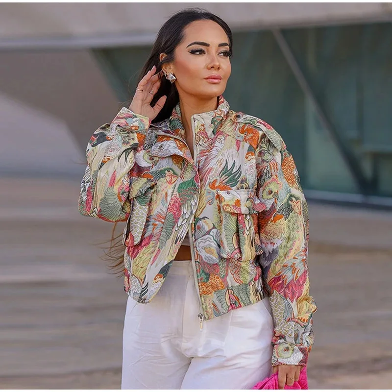 

Peacock Print Autumn Women's Jacket Turn Down Collar Zipper Fly Pockets Short Female Coat Instagram-Style Chic Outwear For Lady