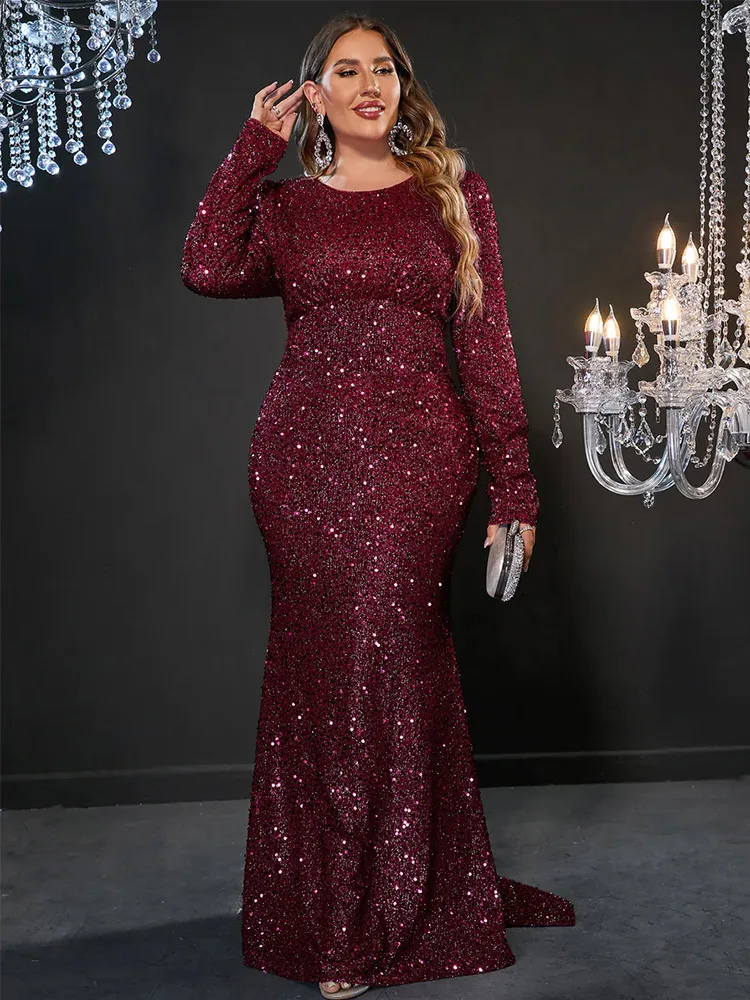 S-7xl Round Neck Long Sleeve Burgundy Sparkling Long Floor-Length Evening Dress Plus Size Long Luxury Evening Dress 4xl5xl