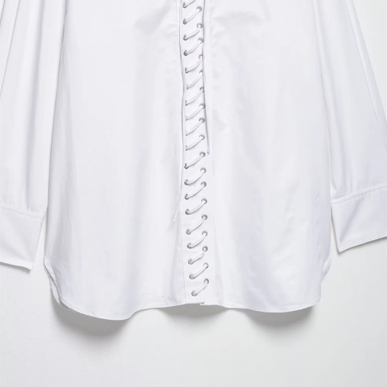 Spring White Lapel Loose Women's Shirts Long Sleeve Holllow Drawstring Lapel Blouses Female 2025 New Street Female All-match Top