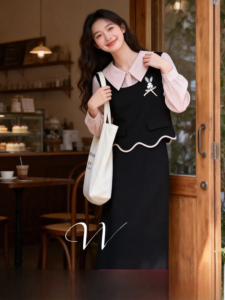 

plus Size Women's Casual Ne Splice Set Spring 2026 High Waist Midi Skirt Two-Piece Suit Comfortable Polyester Blend