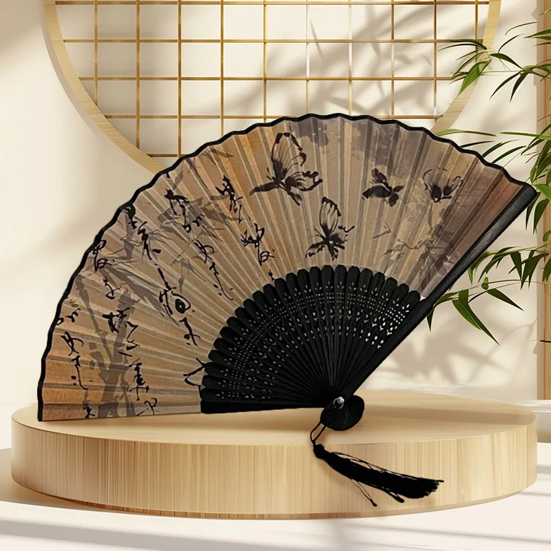 Chinese Style Ink Painting Folding Fan Summer Cooling Wood Handheld Fans Antique Printed Scenery Calligraphy Portable Dance Fan