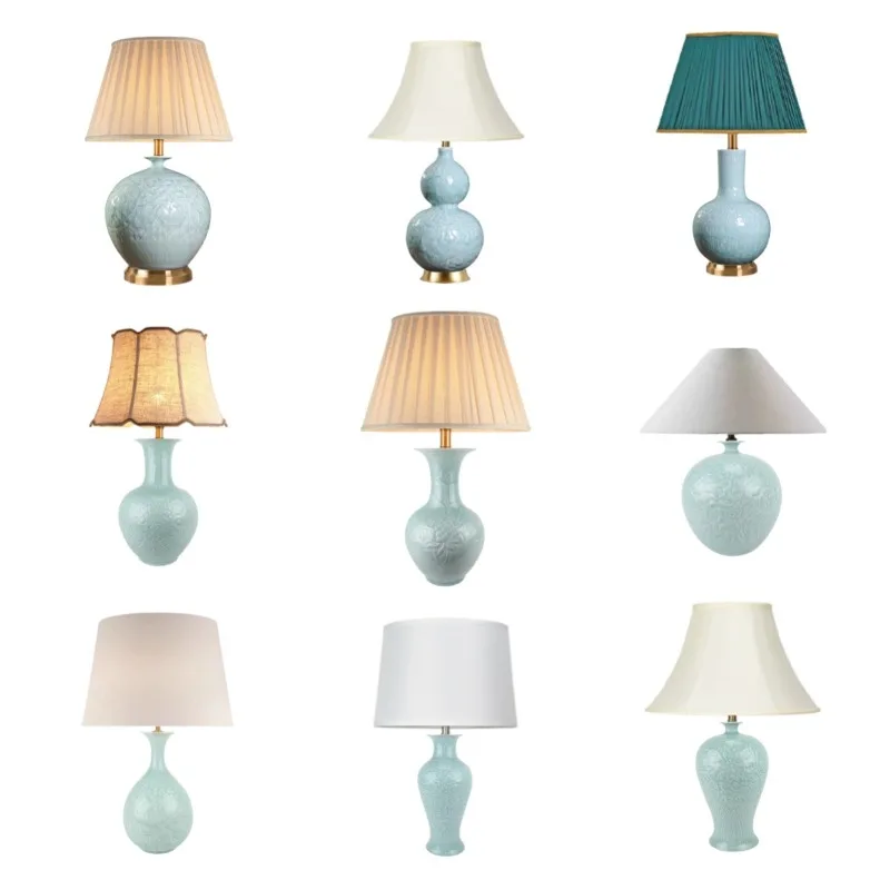 

New Chinese ceramic table lamp sapphire porcelain carving vase decorative lamp hotel living room study luxury all-copper bedside