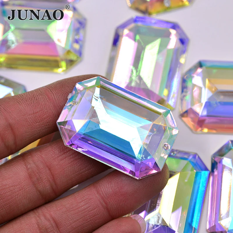 JUNAO 30 * 40mm 20szt Sew On Crystal AB Prostokąt Rhinestone Applique Duże przezroczyste kryształowe kamienie Duże szycie Faltbak Akryl Strass