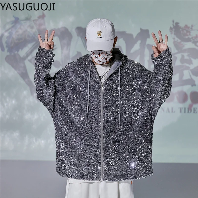 YASUGUOJI nowy 2024 moda męska kurtki z cekinami Bling brokat kurtka bomber płaszcz topy hip-hopowe piosenkarka odzież do klubu nocnego mężczyzna